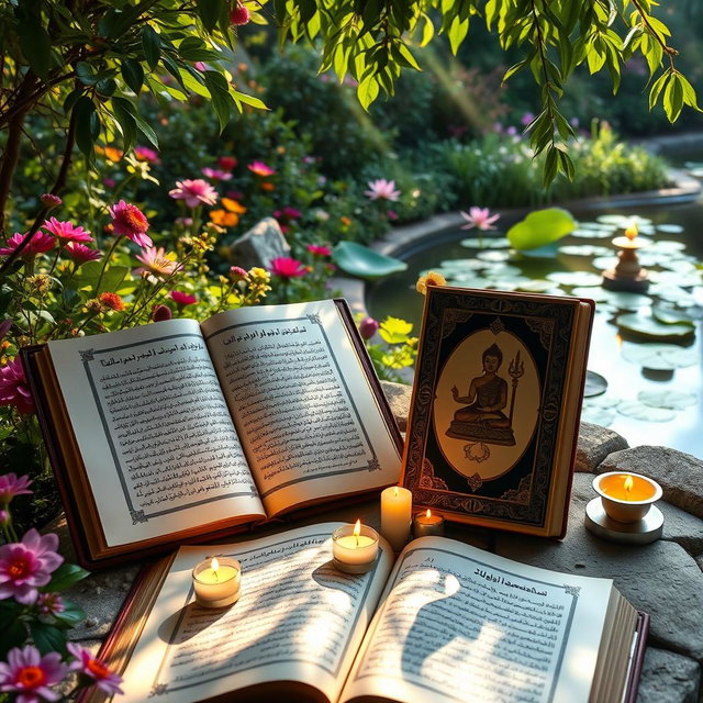 A peaceful and serene landscape featuring an open ancient manuscript of the Dhammapada beside an elegantly designed version of the Japji Sahib