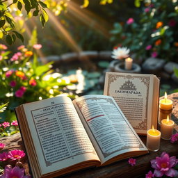 A peaceful and serene landscape featuring an open ancient manuscript of the Dhammapada beside an elegantly designed version of the Japji Sahib
