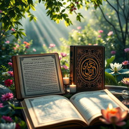 A peaceful and serene landscape featuring an open ancient manuscript of the Dhammapada beside an elegantly designed version of the Japji Sahib