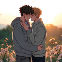 A romantic scene depicting two young men in a close embrace, sharing a tender moment filled with love and affection