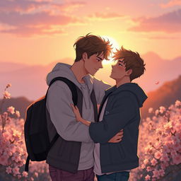 A romantic scene depicting two young men in a close embrace, sharing a tender moment filled with love and affection