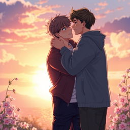 A romantic scene depicting two young men in a close embrace, sharing a tender moment filled with love and affection