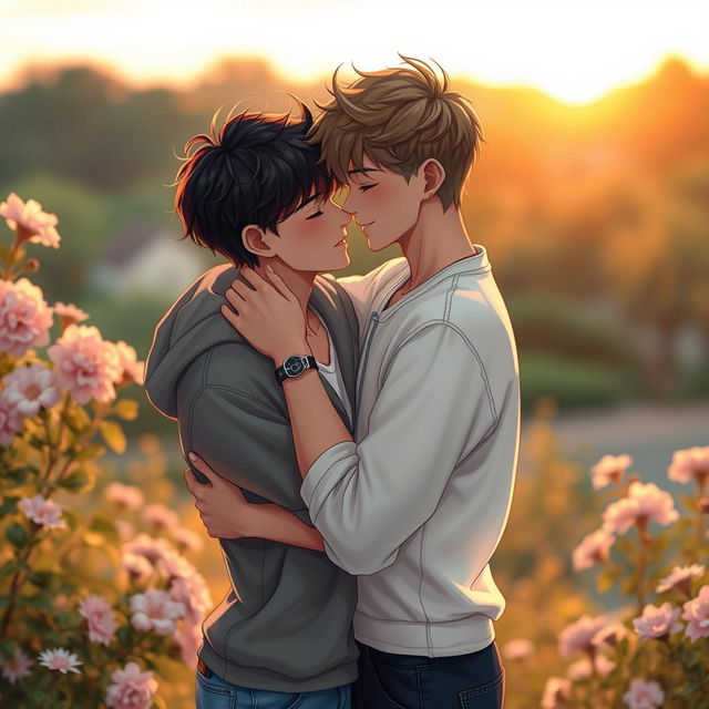 A romantic scene depicting two young men in a close embrace, sharing a tender moment filled with love and affection