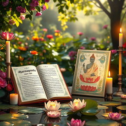 A tranquil and harmonious scene featuring an open Dhammapada manuscript next to a beautifully illustrated Japji Sahib