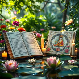 A tranquil and harmonious scene featuring an open Dhammapada manuscript next to a beautifully illustrated Japji Sahib