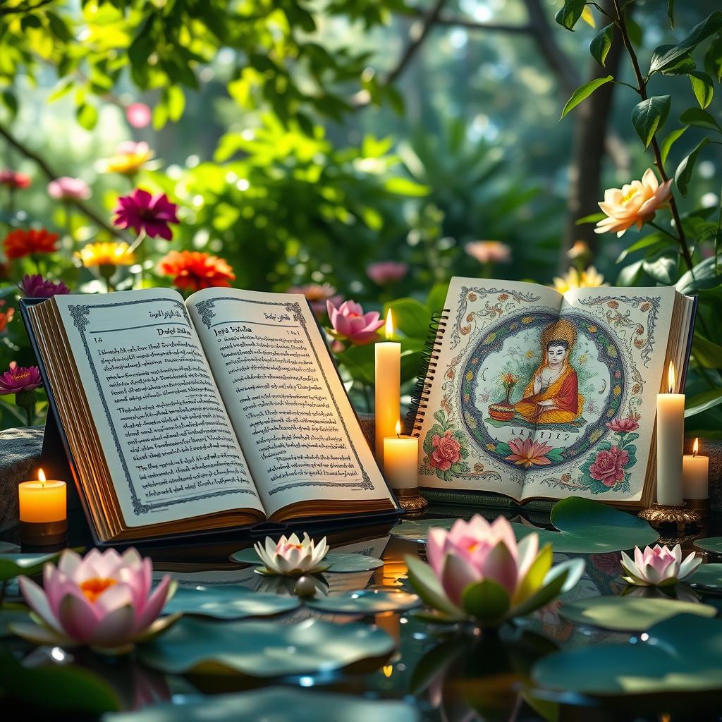 A tranquil and harmonious scene featuring an open Dhammapada manuscript next to a beautifully illustrated Japji Sahib