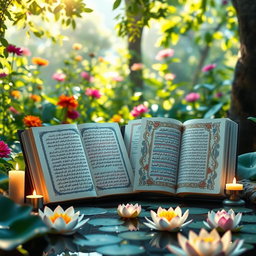 A tranquil and harmonious scene featuring an open Dhammapada manuscript next to a beautifully illustrated Japji Sahib