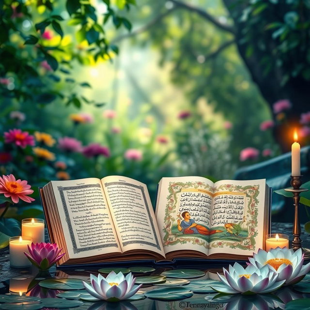 A tranquil and harmonious scene featuring an open Dhammapada manuscript next to a beautifully illustrated Japji Sahib