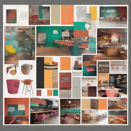 A vibrant and dynamic moodboard for a tech startup that caters to hipster cafes and bars. Accentuate vintage tech, chic cafe interiors, artisanal coffee and indie-bar scenes with rich and vivacious colors to create an energetic atmosphere.