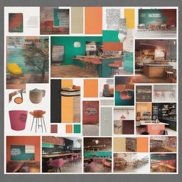 A vibrant and dynamic moodboard for a tech startup that caters to hipster cafes and bars. Accentuate vintage tech, chic cafe interiors, artisanal coffee and indie-bar scenes with rich and vivacious colors to create an energetic atmosphere.