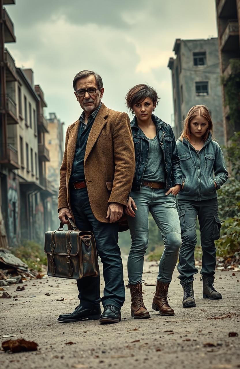 A dramatic scene set in a crumbling city with a post-apocalyptic atmosphere
