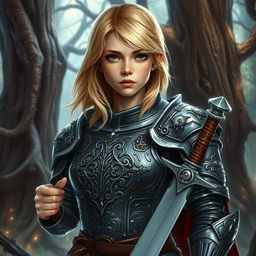A young human female paladin inspired by Dungeons & Dragons, depicted with a heroic and determined expression