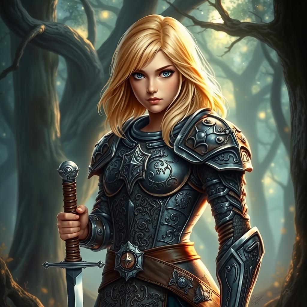 A young human female paladin inspired by Dungeons & Dragons, depicted with a heroic and determined expression