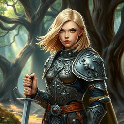 A young human female paladin inspired by Dungeons & Dragons, depicted with a heroic and determined expression
