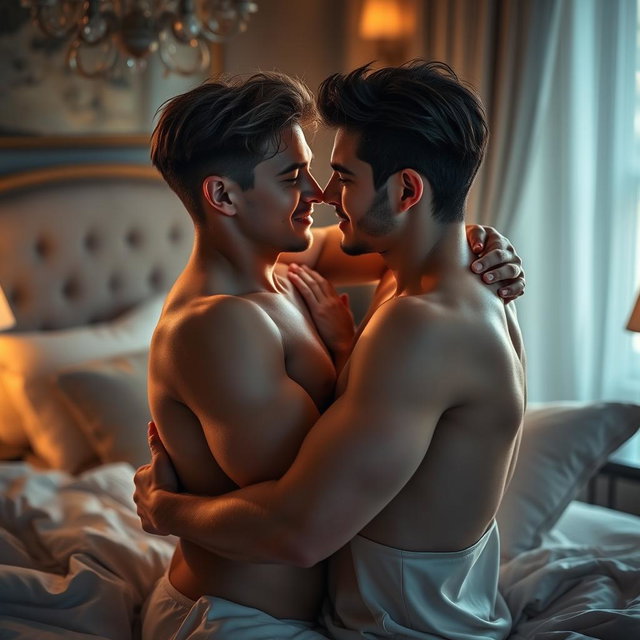 A romantic intimate scene depicting two young adult males in a loving embrace, set in a soft-lit bedroom with elegant decor