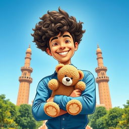 A vibrant poster featuring a master with stunning curly hair, standing confidently in front of Tehran's iconic Azadi Tower