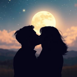 A romantic scene depicting two adults kissing passionately under a starlit sky, with a gentle breeze rustling their hair