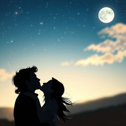 A romantic scene depicting two adults kissing passionately under a starlit sky, with a gentle breeze rustling their hair