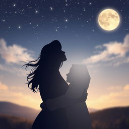 A romantic scene depicting two adults kissing passionately under a starlit sky, with a gentle breeze rustling their hair