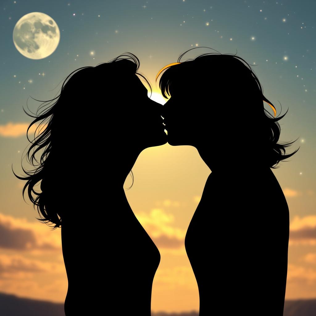 A romantic scene depicting two adults kissing passionately under a starlit sky, with a gentle breeze rustling their hair