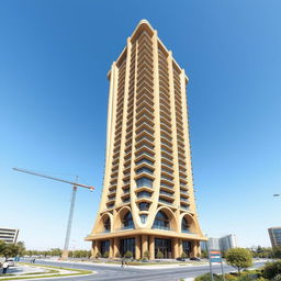 A futuristic 20-story residential tower, dynamically shaped and inspired by the ancient Ziggurat of Chogha Zanbil, reaching towards the sky