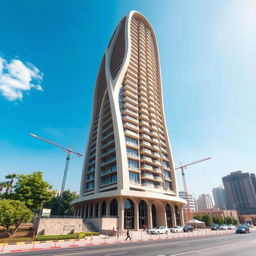 A futuristic 20-story residential tower, dynamically shaped and inspired by the ancient Ziggurat of Chogha Zanbil, reaching towards the sky