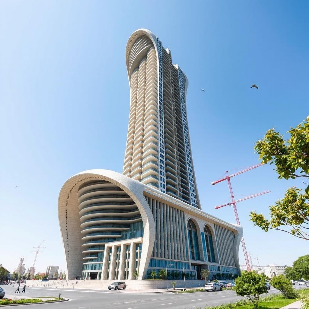 A futuristic 20-story residential tower, dynamically shaped and inspired by the ancient Ziggurat of Chogha Zanbil, reaching towards the sky
