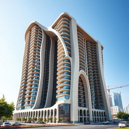 A futuristic 20-story residential tower, dynamically shaped and inspired by the ancient Ziggurat of Chogha Zanbil, reaching towards the sky