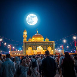 The shrine of Imam Hussein ibn Ali in Karbala, Iraq, during the night with a radiant moon illuminating the scene