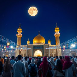 The shrine of Imam Hussein ibn Ali in Karbala, Iraq, during the night with a radiant moon illuminating the scene