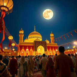 The shrine of Imam Hussein ibn Ali in Karbala, Iraq, during the night with a radiant moon illuminating the scene