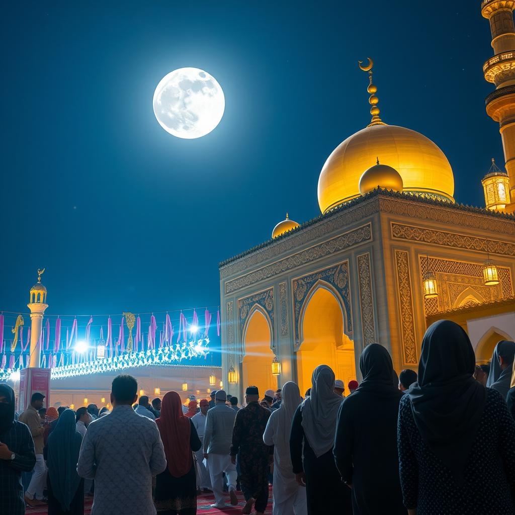 The shrine of Imam Hussein ibn Ali in Karbala, Iraq, during the night with a radiant moon illuminating the scene