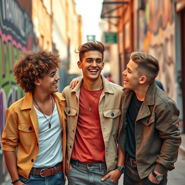Three stylish young men, embodying a playful and charming vibe, in a vibrant urban setting