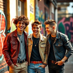 Three stylish young men, embodying a playful and charming vibe, in a vibrant urban setting