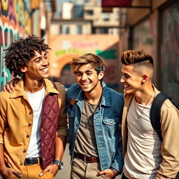 Three stylish young men, embodying a playful and charming vibe, in a vibrant urban setting