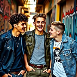 Three stylish young men, embodying a playful and charming vibe, in a vibrant urban setting