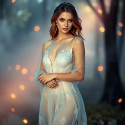 A stunning female model wearing a transparent dress that elegantly drapes around her figure, revealing subtle hints of her silhouette