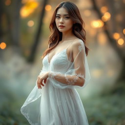A stunning female model wearing a transparent dress that elegantly drapes around her figure, revealing subtle hints of her silhouette