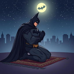 A stylized superhero, resembling Batman, engaged in the act of prayer
