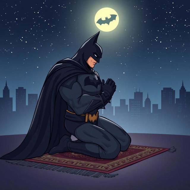 A stylized superhero, resembling Batman, engaged in the act of prayer