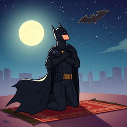 A stylized superhero, resembling Batman, engaged in the act of prayer