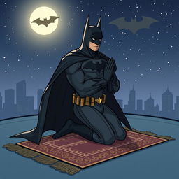 A stylized superhero, resembling Batman, engaged in the act of prayer