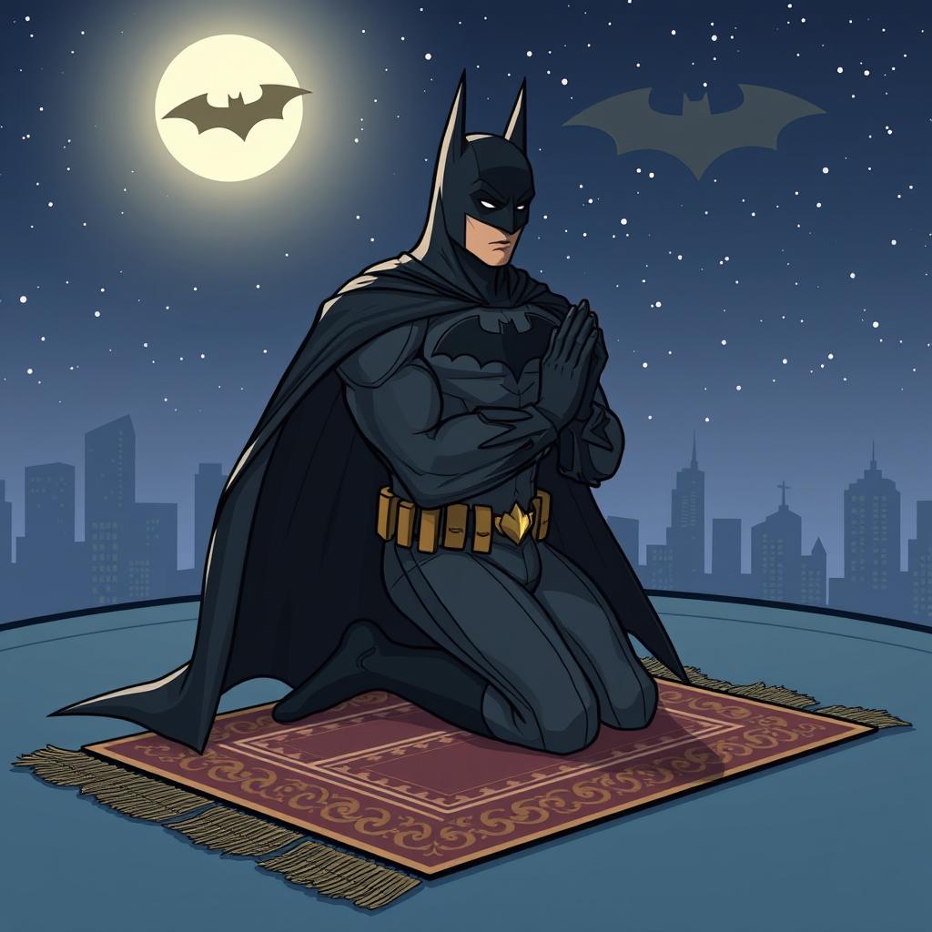 A stylized superhero, resembling Batman, engaged in the act of prayer