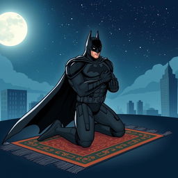 A stylized superhero, resembling Batman, engaged in the act of prayer