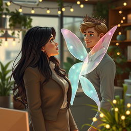A romantic scene depicting a human woman with long flowing hair, dressed in a stylish office outfit, gazing lovingly at her overprotective male fairy boss