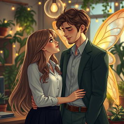A romantic scene depicting a human woman with long flowing hair, dressed in a stylish office outfit, gazing lovingly at her overprotective male fairy boss