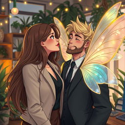 A romantic scene depicting a human woman with long flowing hair, dressed in a stylish office outfit, gazing lovingly at her overprotective male fairy boss