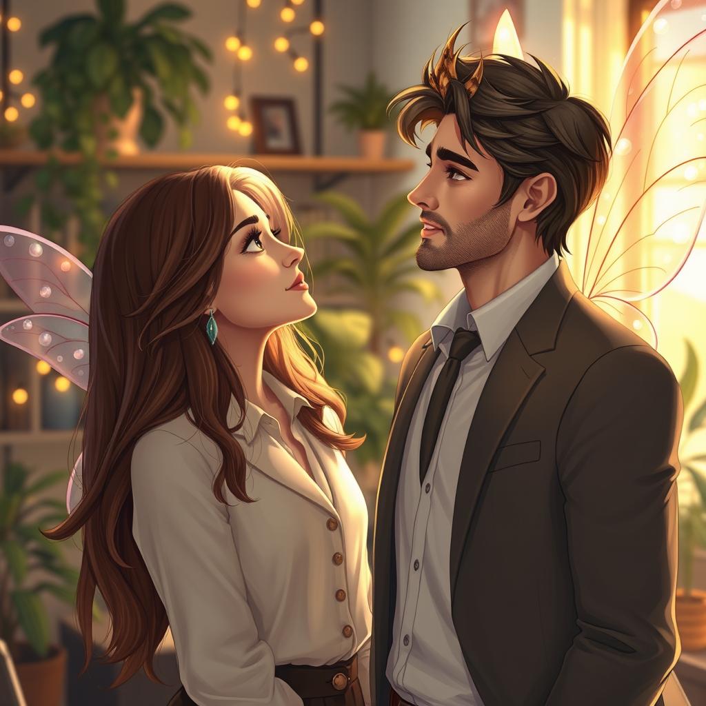 A romantic scene depicting a human woman with long flowing hair, dressed in a stylish office outfit, gazing lovingly at her overprotective male fairy boss