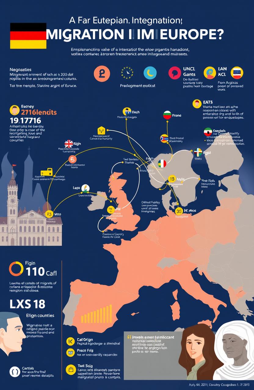 A visually compelling infographic depicting the landscape of international migration in Europe