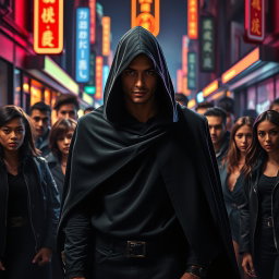 A dynamic and intriguing scene featuring a mysterious male figure named Scimetar, shrouded in an aura of enigma